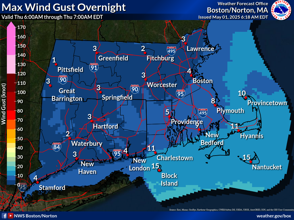 Map that displays the 1st period Max Wind Gust.