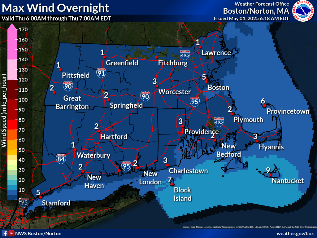 Map that displays the 1st period Max Wind Speed.