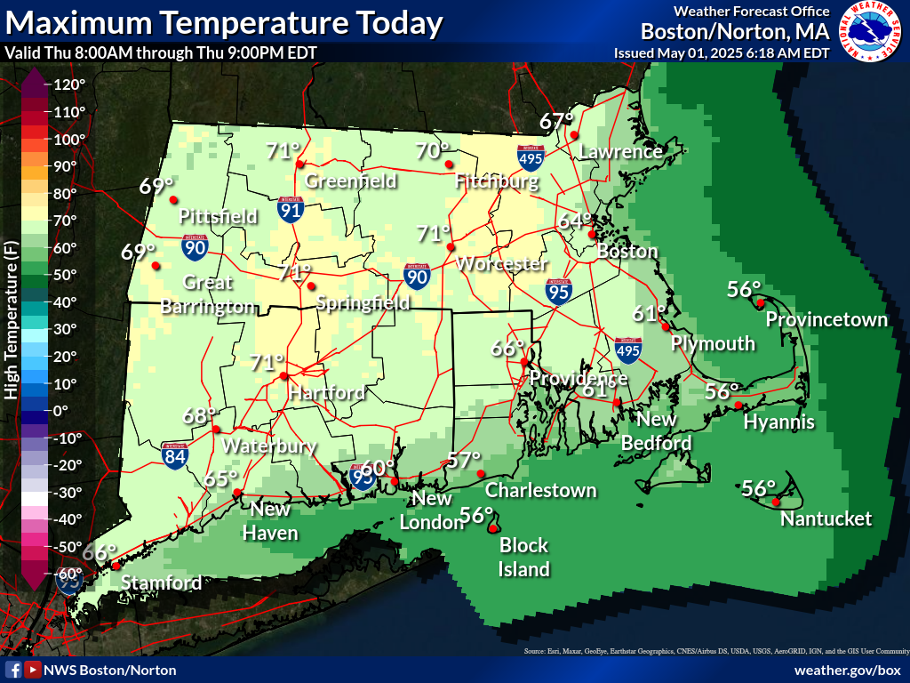 Map displays the Southern New England Maximum Temperature Day 1.