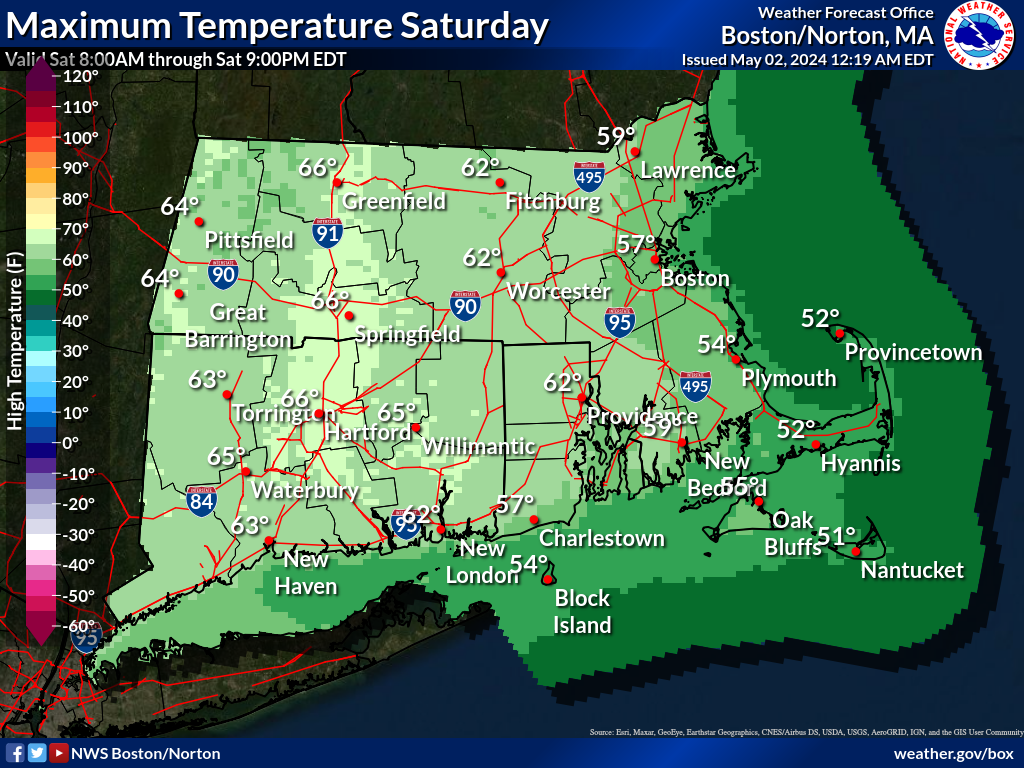 Map displays the Southern New England Maximum Temperature Day 1.