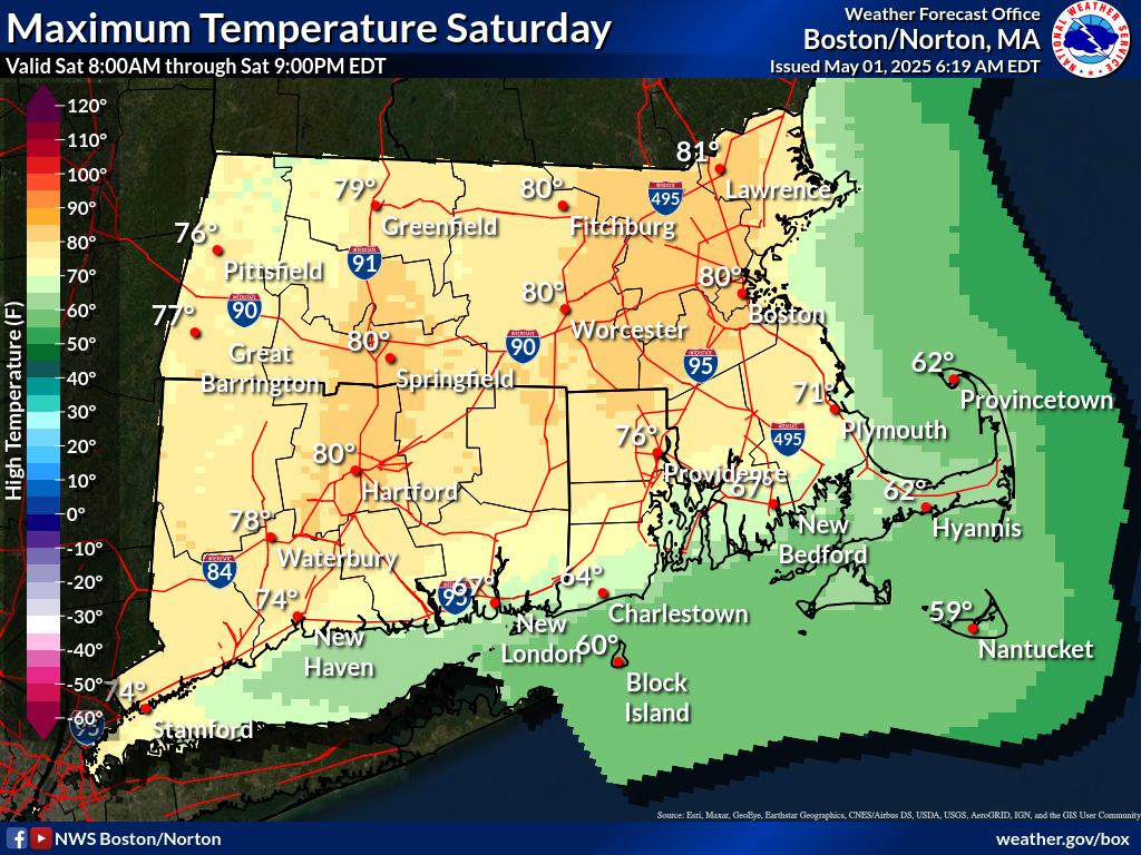 Map displays the Southern New England Maximum Temperature Day 3.