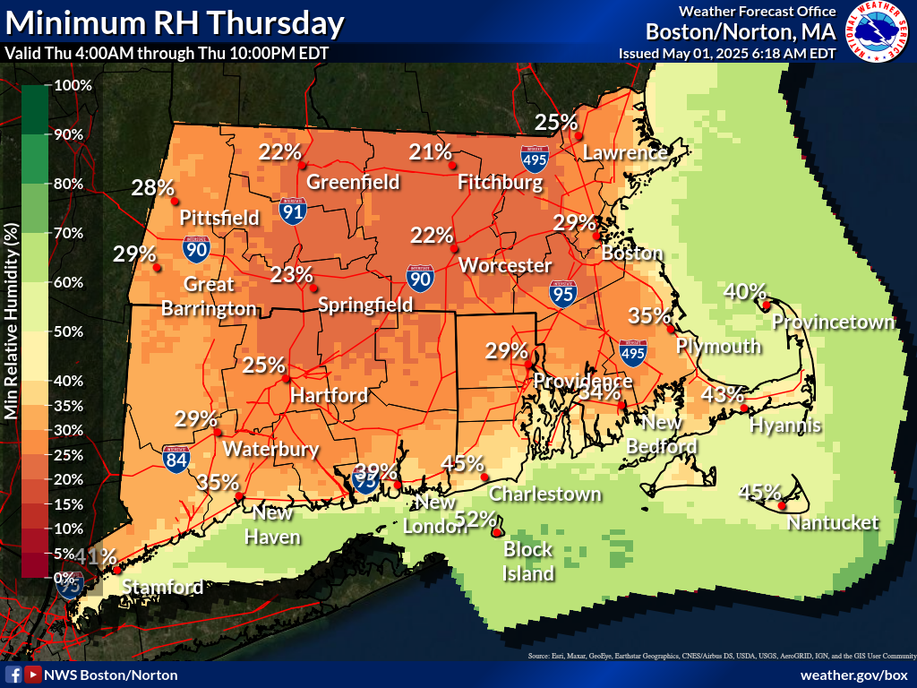 Map displays the Southern New England Minimum RH Day 1.