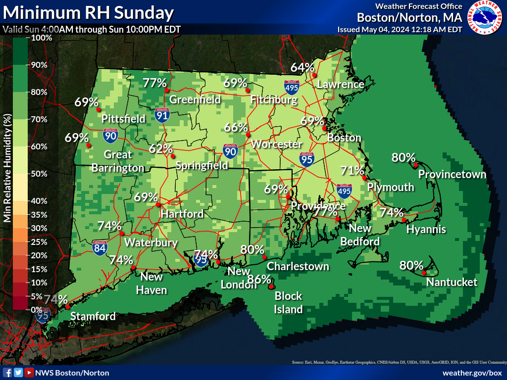 Map displays the Southern New England Minimum RH Day 2.