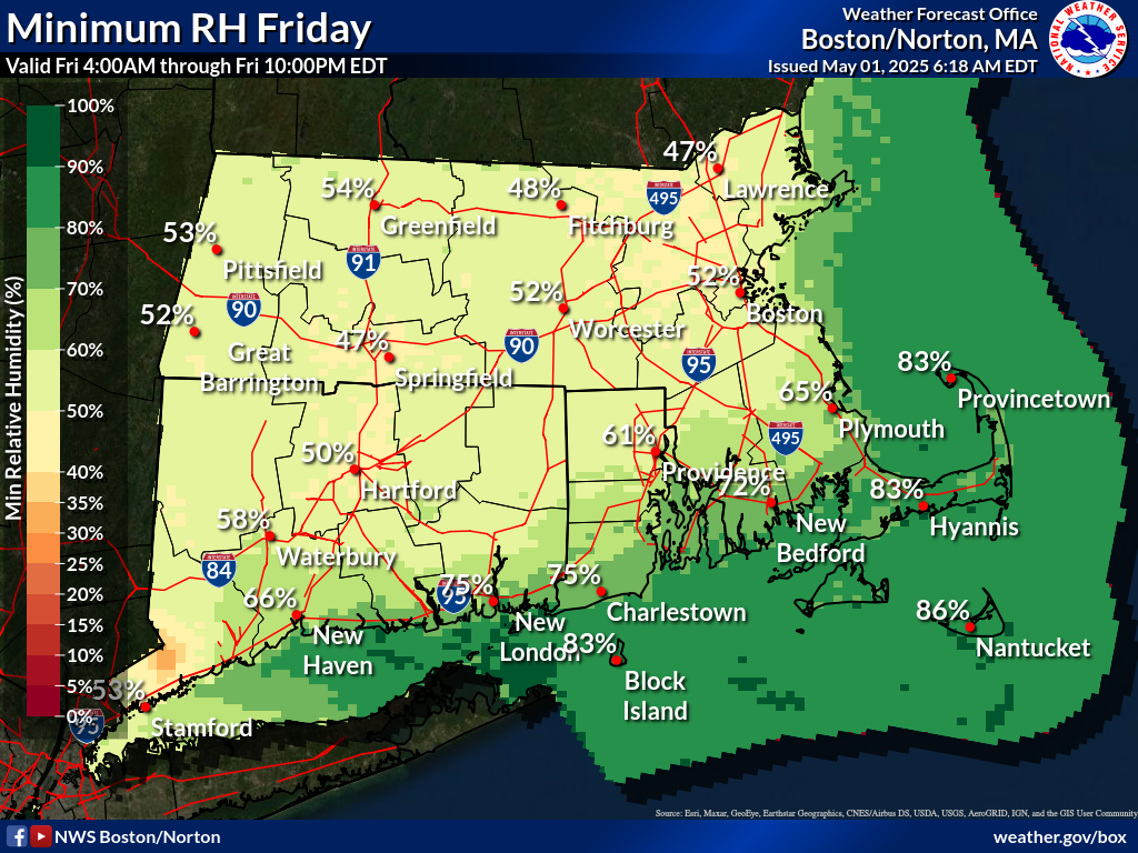 Map displays the Southern New England Minimum RH Day 2.