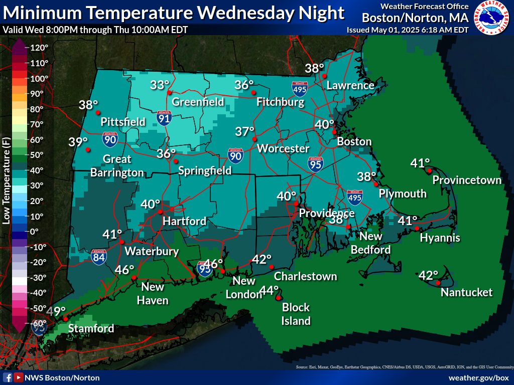 Map displays the Southern New England Minimum Temperature Day 1.