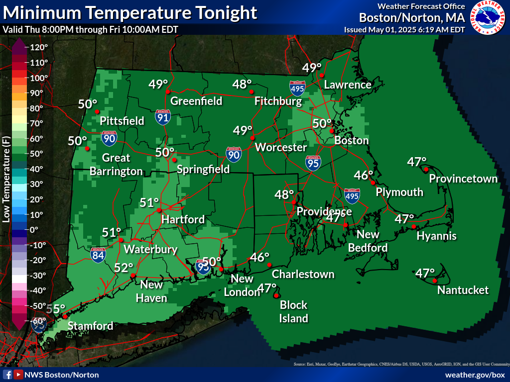 Map displays the Southern New England Minimum Temperature Day 2.