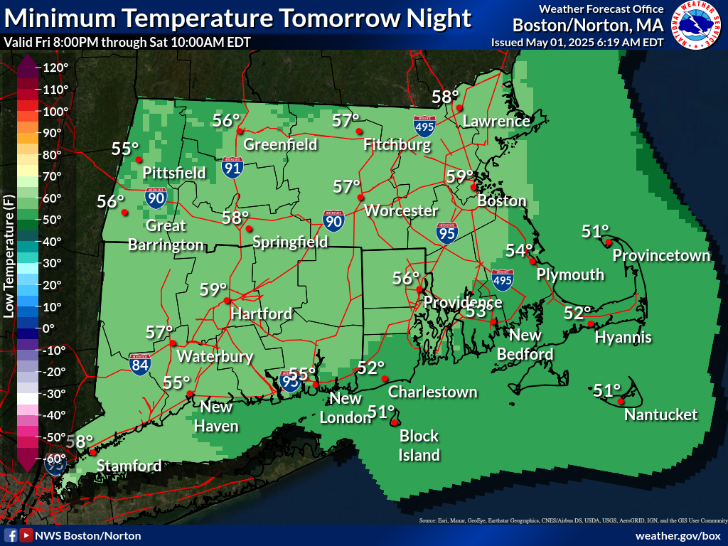 Map displays the Southern New England Minimum Temperature Day 3.