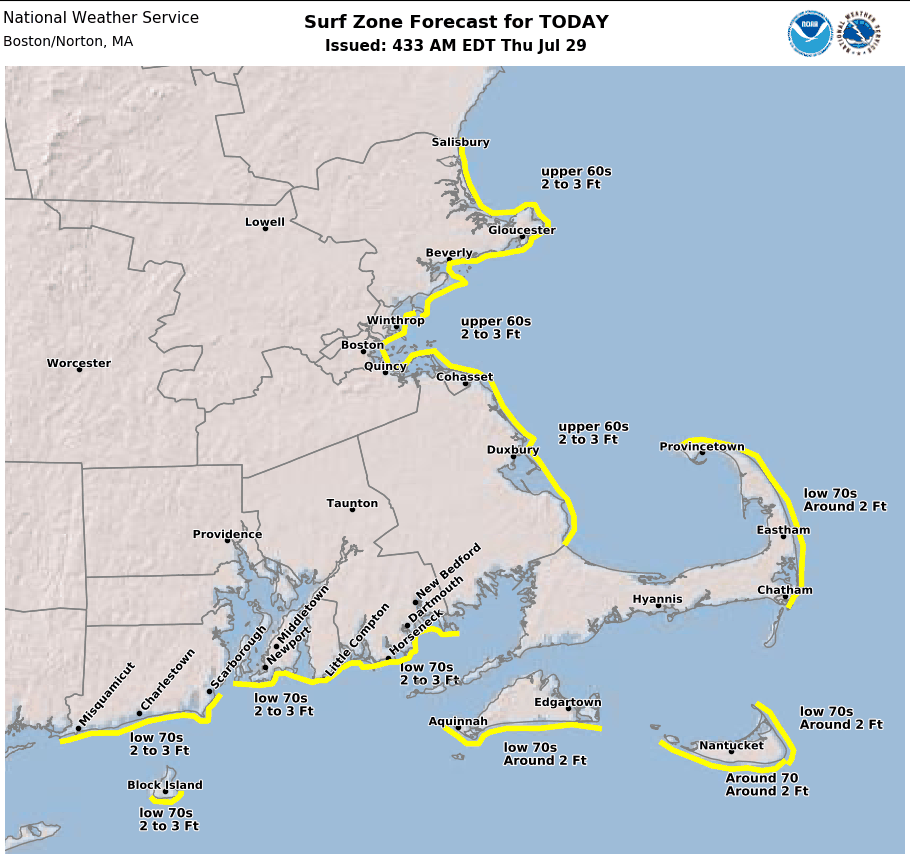 Grapical Map displaying the Southeast New England Surf Zone and Rip Current Forecast.