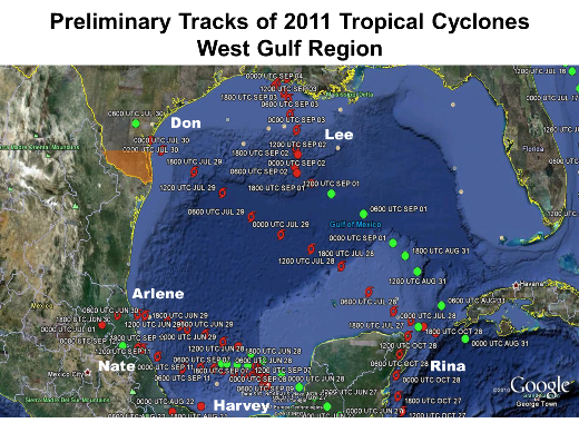 Preliminary 2011 Hurricane Season tracks for the Gulf of Mexico (click to enlarge)