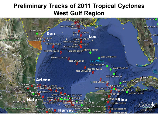 Preliminary 2011 Hurricane Season tracks for the Gulf of America (click to enlarge)