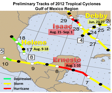 Preliminary 2012 Hurricane Season tracks for the Gulf of America (click to enlarge)