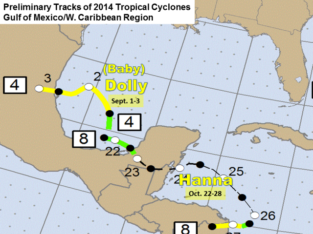 Preliminary 2014 Hurricane Season tracks for the Gulf of America (click to enlarge)