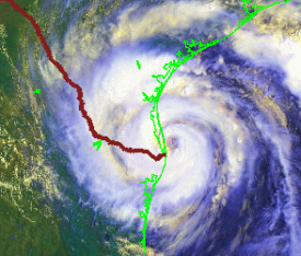 NOAA AVHRR satellite image of Hurricane Dolly at landfall, July 23, 2008