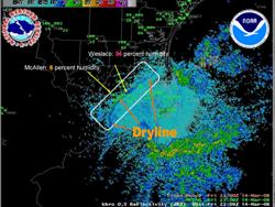 NWS Brownsville Doppler radar, 609 PM CDT March 14th, showing dry line east of McAllen (click to enlarge)