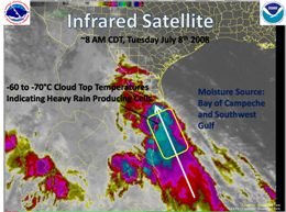 Infrared satellite image, around 8 AM July 8th, 2008, for Deep South Texas and northeast Mexico (click to enlarge)