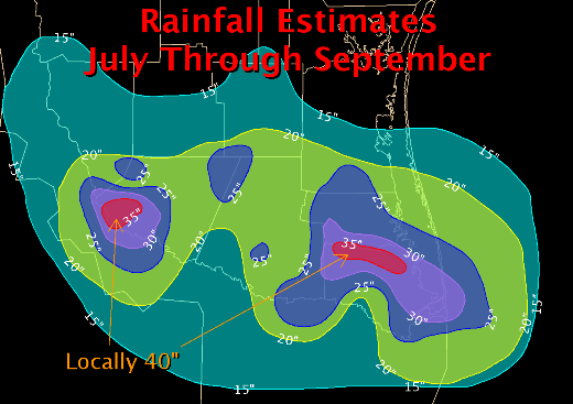 Rainfall map, Deep South Texas and Lower Rio Grande Valley, July to September, 2008