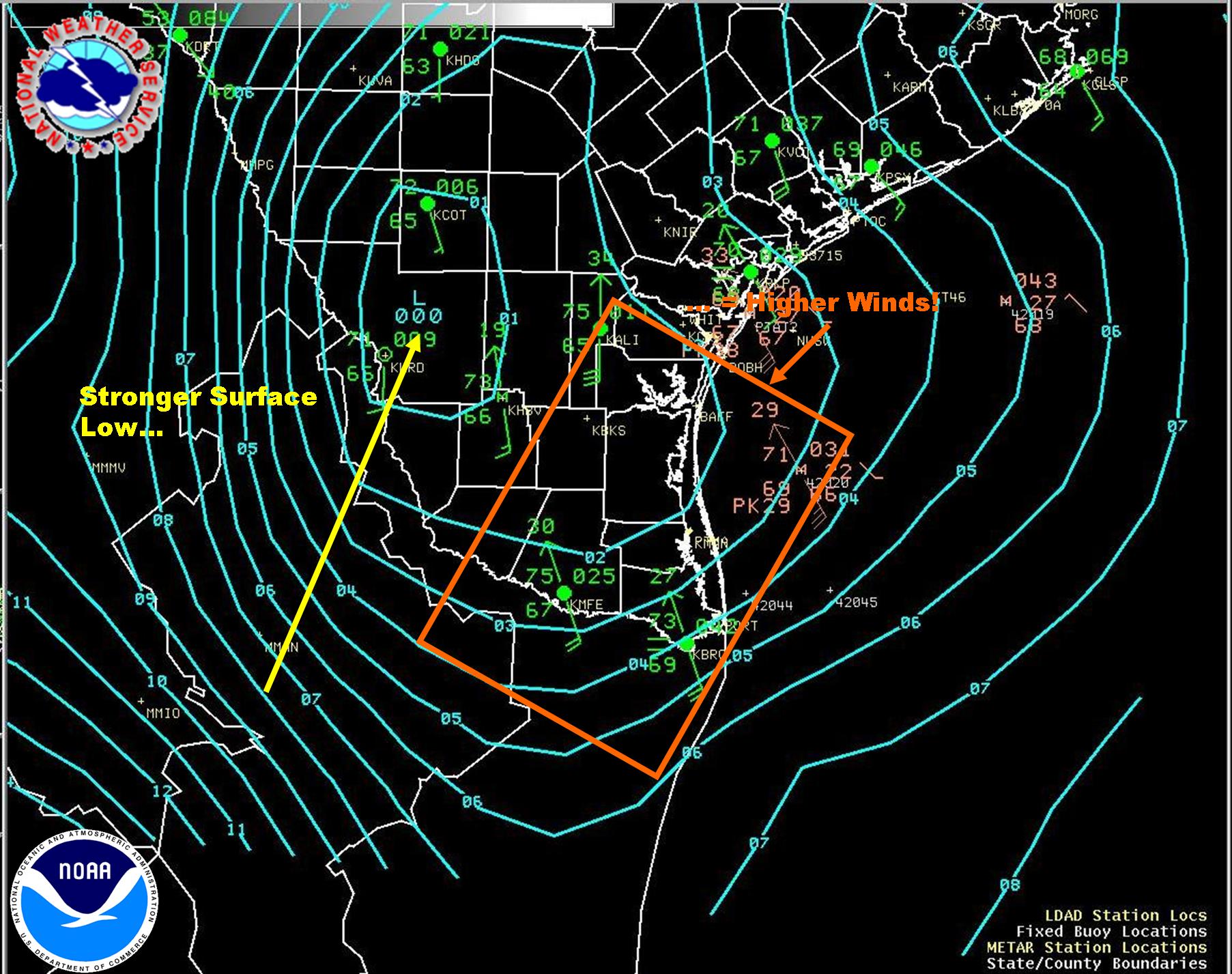 Surface pressure analysis and observations, 5 AM March 3, 2008, for the lower Rio Grande Valley (click to enlarge)
