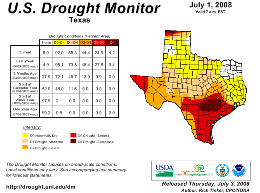 Texas Drought Monitor, as of July 1st, 2008 (Click to enlarge)