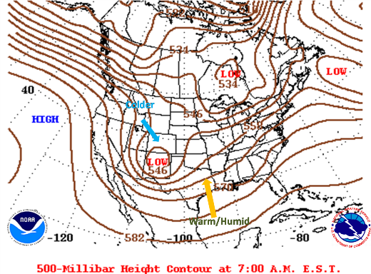 500 millibar chart, plus annotations, for weather conditions at 12 UTC, March 27, 2009