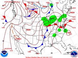 Daily weather map, May 27th 2009.  Note approaching surface front which was one trigger for unsettled weather for much of Memorial Day week (click to enlarge)