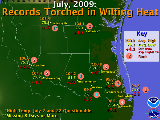 Map of average temperatures and how 2009 ranked all time across Deep South Texas and the Rio Grande Valley