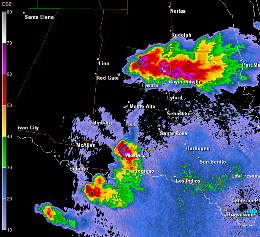 Base reflectivity, 1.5 degree elevation, showing two hail producing thunderstorms:  near Weslaco, and near Raymondville (click to enlarge)