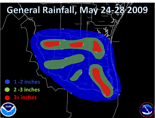 Measured and estimated rainfall, May 24th through 28th 2009 (click to enlarge)