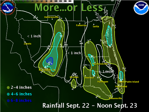 Observed rainfall for September 22 and 23, 2009, through noon, Deep South Texas and Lower RGV (click to enlarge)
