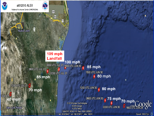 Hurricane Alex best track from NHC, map courtesy Google Earth
