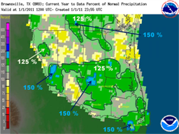 Percentage departure from average, calendar year 2010, Deep South Texas rainfall (click to enlarge)