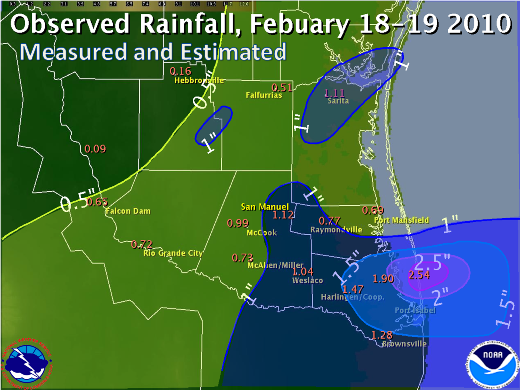 Map of rainfall across the Rio Grande Valley and Deep South Texas, February 18-19, 2010 (click to enlarge)