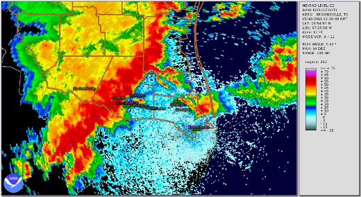 Click for Animation of radar base reflectivity from strong to severe thunderstorms racing across the Rio Grande Valley, May 18, 2010