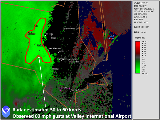 Click for Animation of radar base velocity from strong to severe thunderstorms racing across the Rio Grande Valley, May 18, 2010