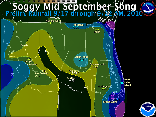 Rainfall so far September 17 through 22 (morning), 2010 across Deep South Texas (click to enlarge)