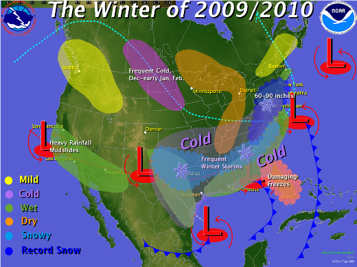 Map of United States Weather and selected impacts, December 2009 through February 2010 (click to enlarge)