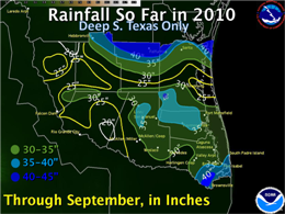 Preliminary Measured and Estimated Rainfall, Year to Date through September, 2010, for the Rio Grande Valley and Deep South Texas (click to enlarge)