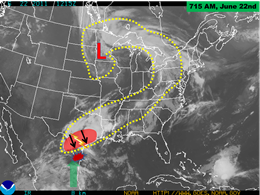 Infrared Satellite photo and annotation, 715 AM June 22, 2011 (click to enlarge)