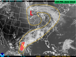 Infrared Satellite photo and annotation, 345 PM June 22, 2011 (click to enlarge)