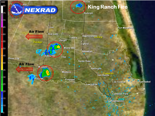 NWS Brownsville Doppler Radar showing several smoke plumes, Hidalgo County to the King Ranch, January 2 2011 (click to enlarge)