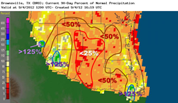 Estimated rainfall departures from average for June through August 2012