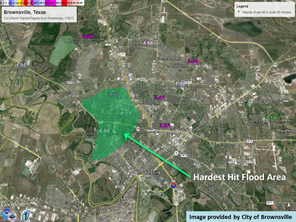Map of Brownsville with rainfall totals overlaid and area of worst flooding shaded in light green (click to enlarge)