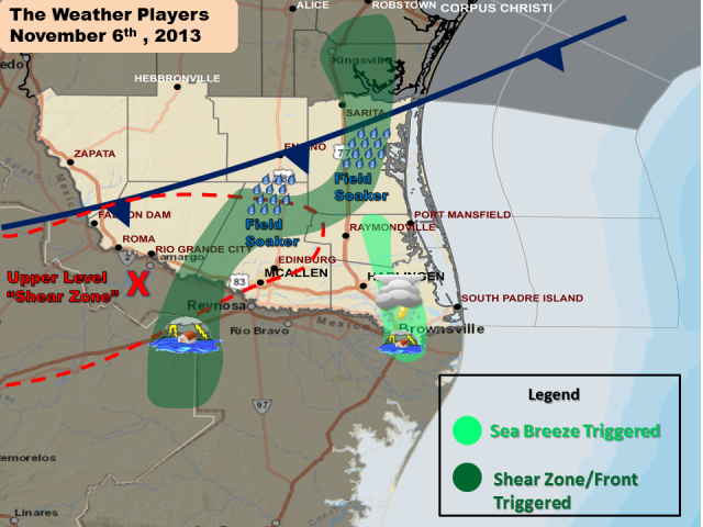 Weather setup for locally torrential rains across the Rio Grande Valley on November 6 2013 (click to enlarge)