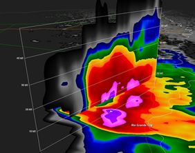 3-dimensional reflectivity near Rio Grande City during peak of torrential rain/hail event a little before sunset on May 28, 2014 (click to enlarge)