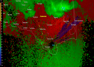 Loop of 0.5 degree base velocity of line echo wave pattern thunderstorm as it raced and developed to the south and southwest from north of Bayview through Brownsville and vicinity, between 4 and 445 PM on May 28th (click to enlarge)