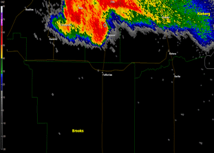 Loop of 0.5 degree base reflectivity of supercell thunderstorm as it raced from Jim Wells County into northern Brooks County, around sunset on May 27th 2014 (click to enlarge)