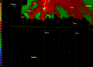 Loop of 0.5 degree base velocity of supercell thunderstorm as it raced from Jim Wells County into northern Brooks County, around sunset on May 27th 2014 (click to enlarge)