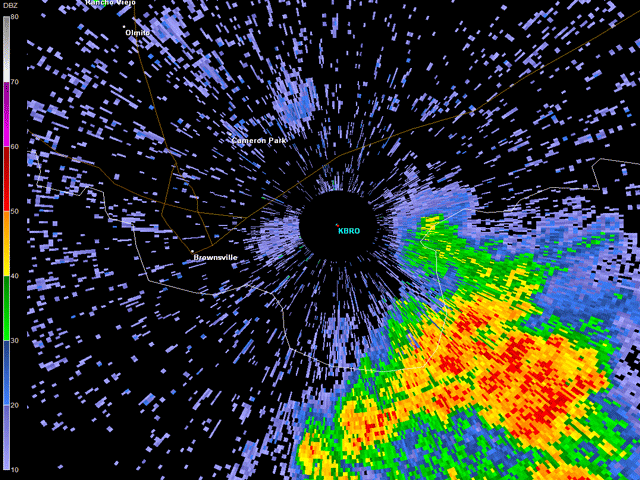 Radar reflectivity at 1.5 degree elevation over Brownsville from 627 through 824 AM, October 22 2014