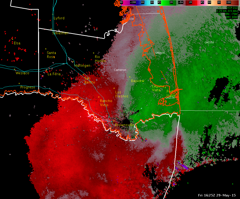 Base velocity showing passage of wake low pressure behind line of strong thunderstorms in southeast Cameron County, May 29, 2015