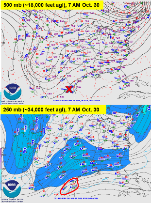 500 mb and 250 mb flow pattern across the U.S. at 7 AM October 30, 2015