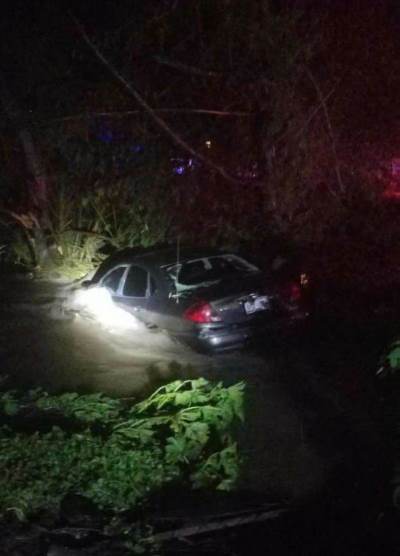 Broken rear windshield after water rescue in Zapata County, August 21, 2016